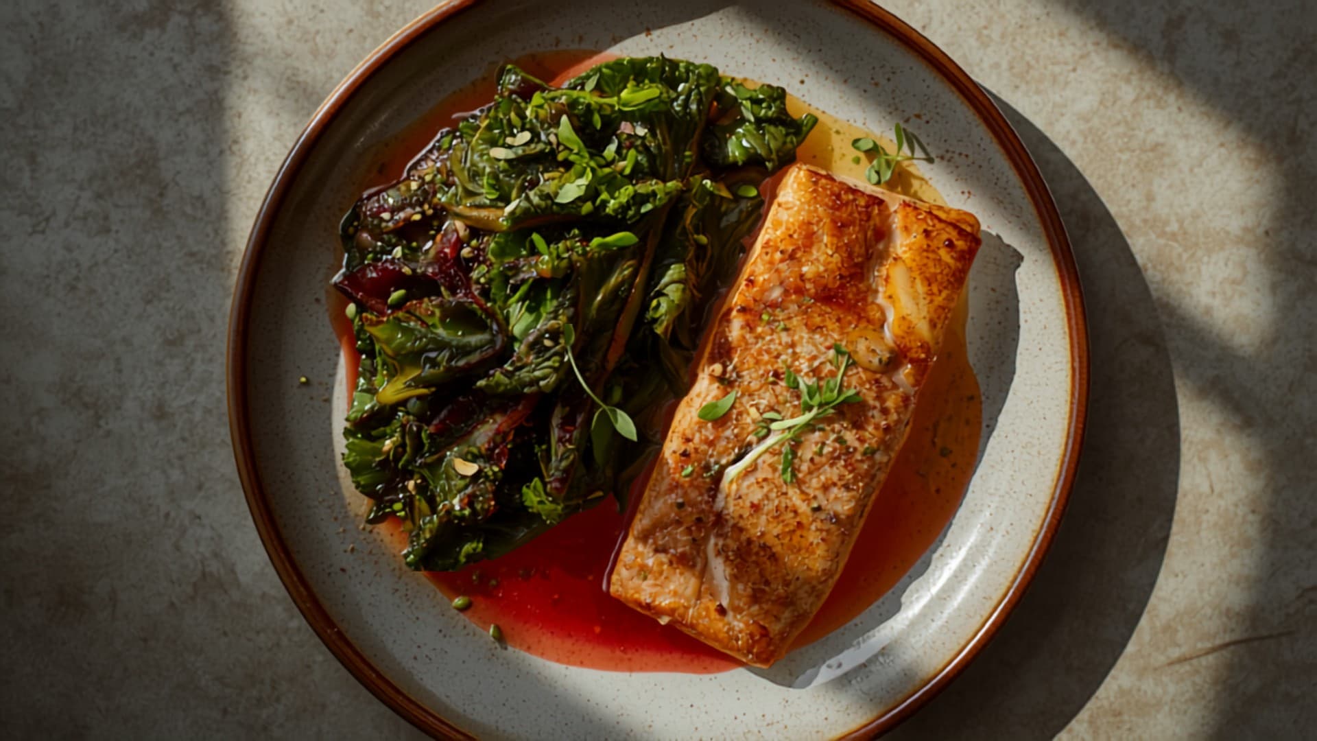 Beet and Garlic Braised Kale with Pan-Seared Trout