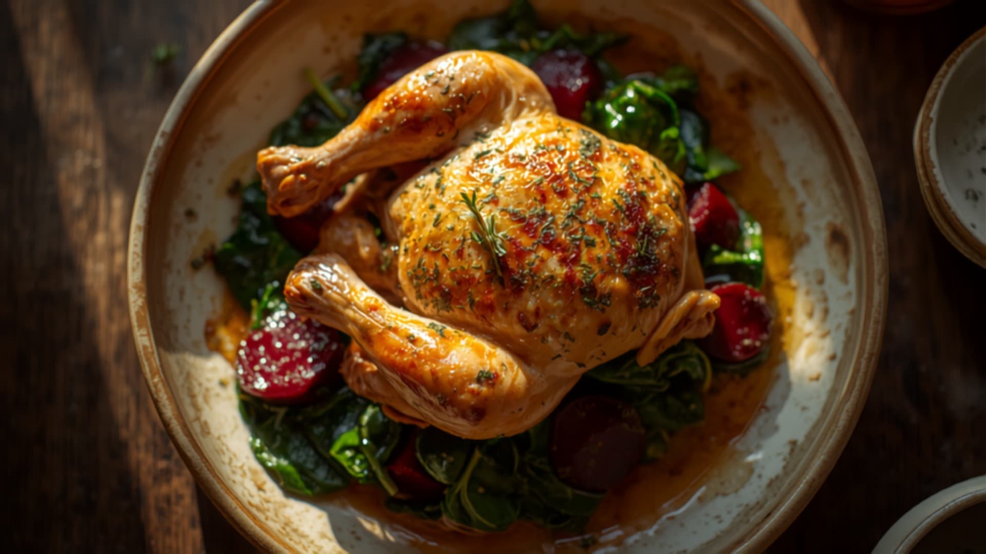 Garlic-Herb Roasted Chicken with Braised Spinach and Beets