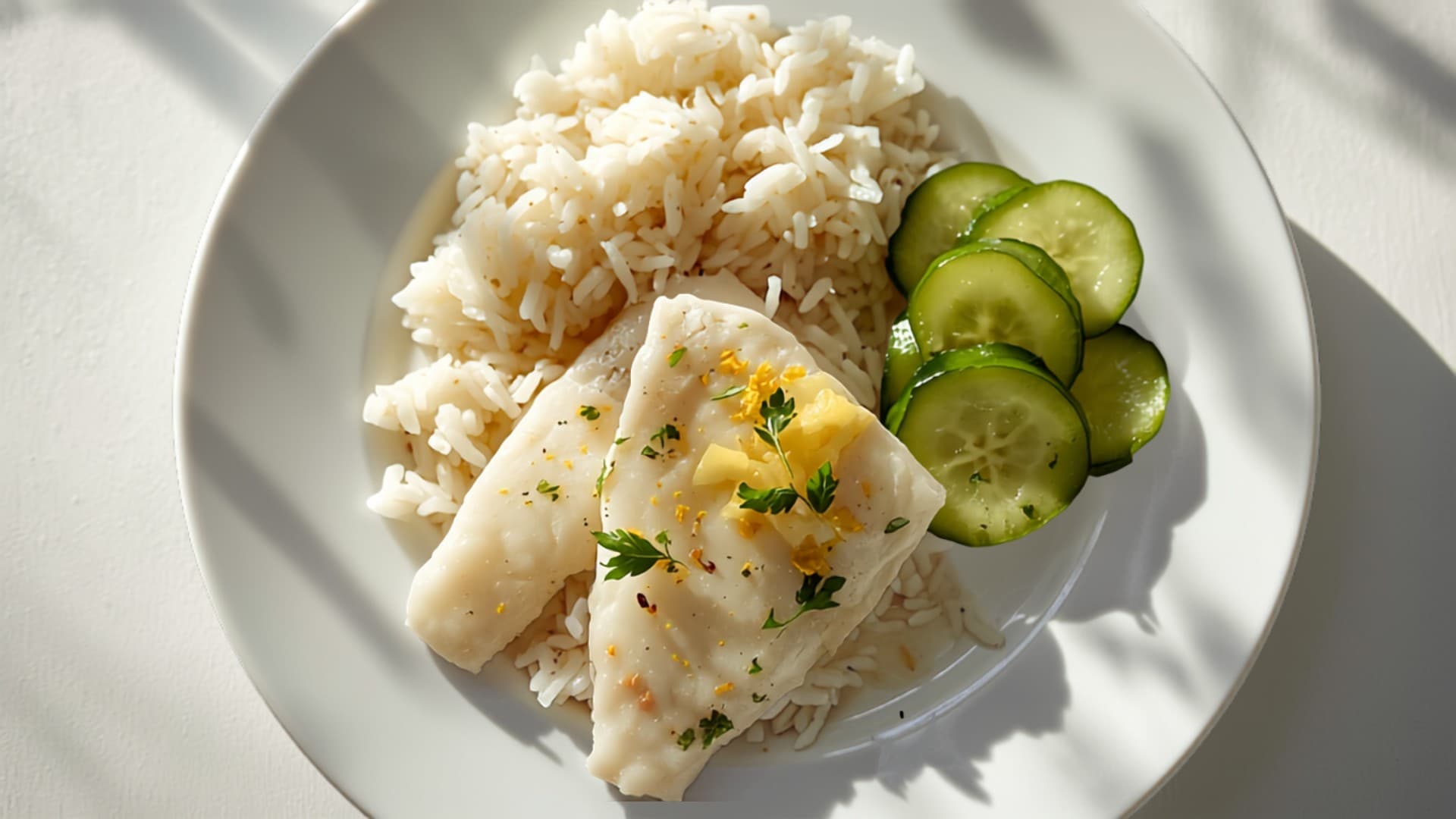 Lemon-Garlic Steamed Tilapia with Jasmine Rice and Cucumber Salad