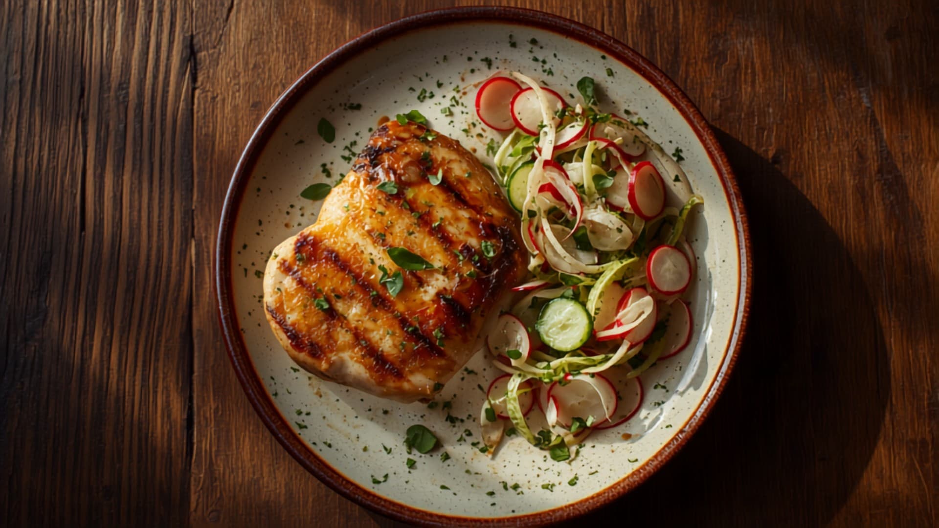 Lemon-Oregano Grilled Chicken with Cucumber-Radish Salad