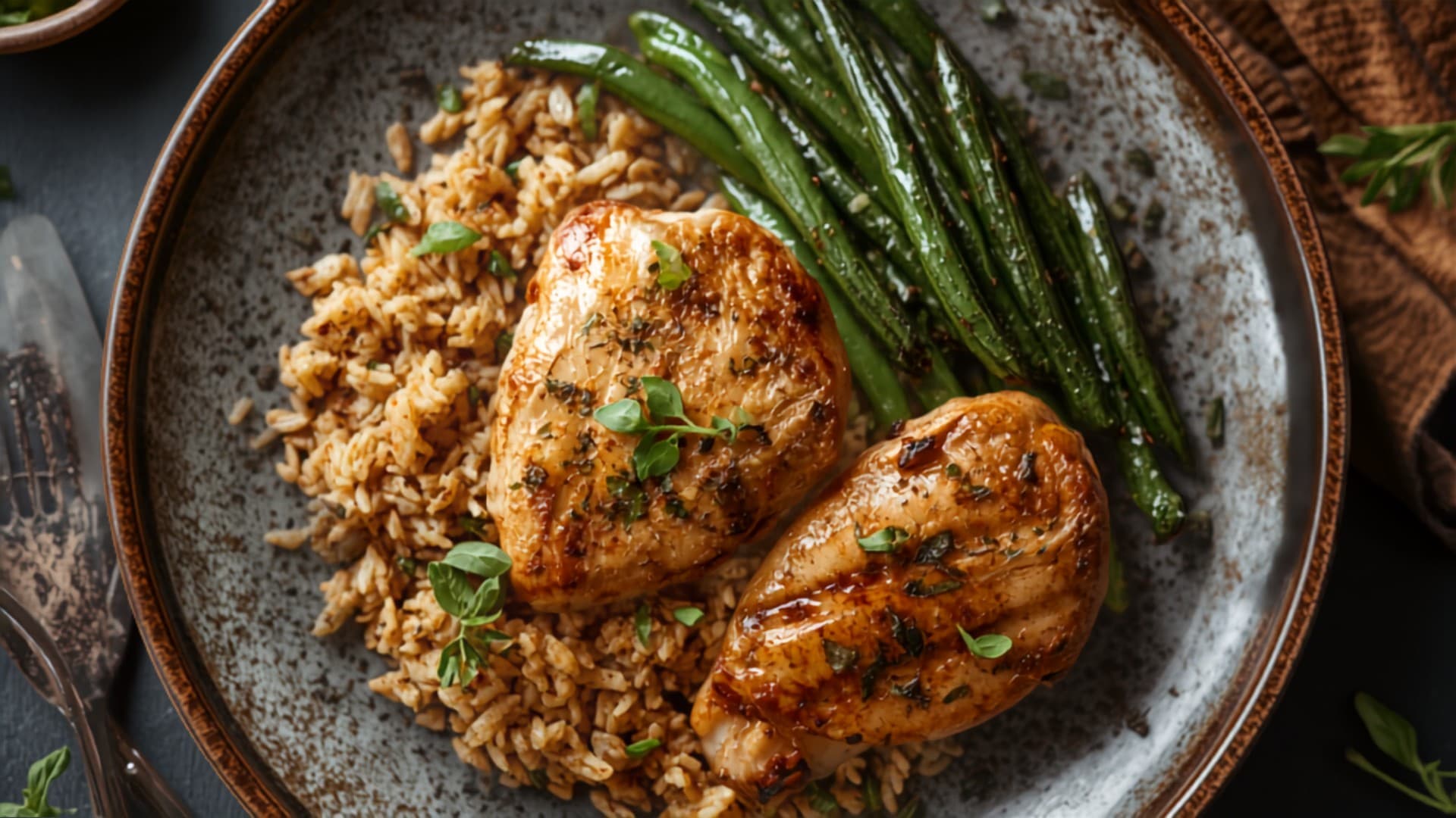 Cumin Rice Pilaf with Green Beans and Herb-Grilled Chicken