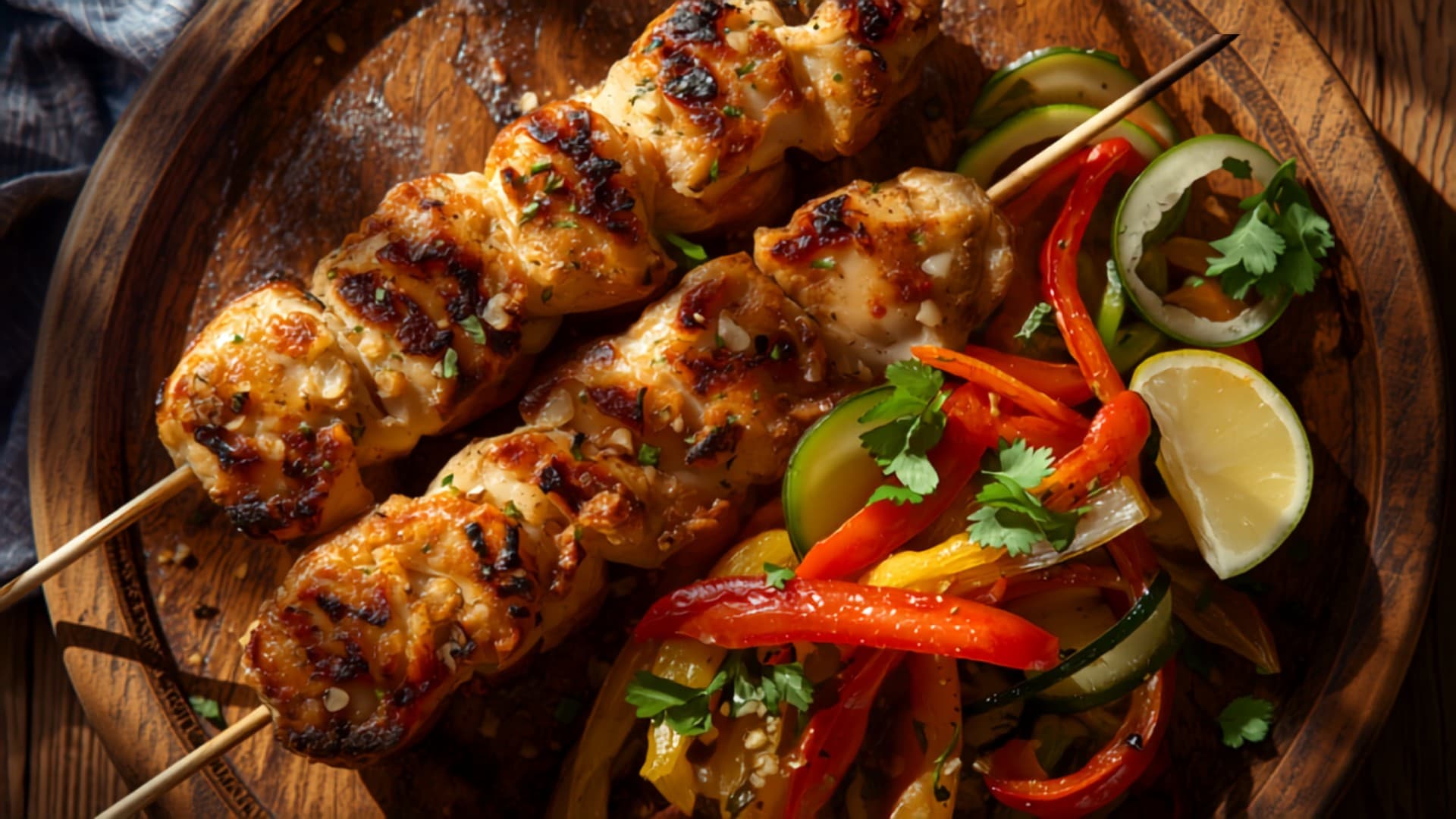 Ginger-Garlic Grilled Chicken Skewers with Bell Pepper and Cucumber Salad