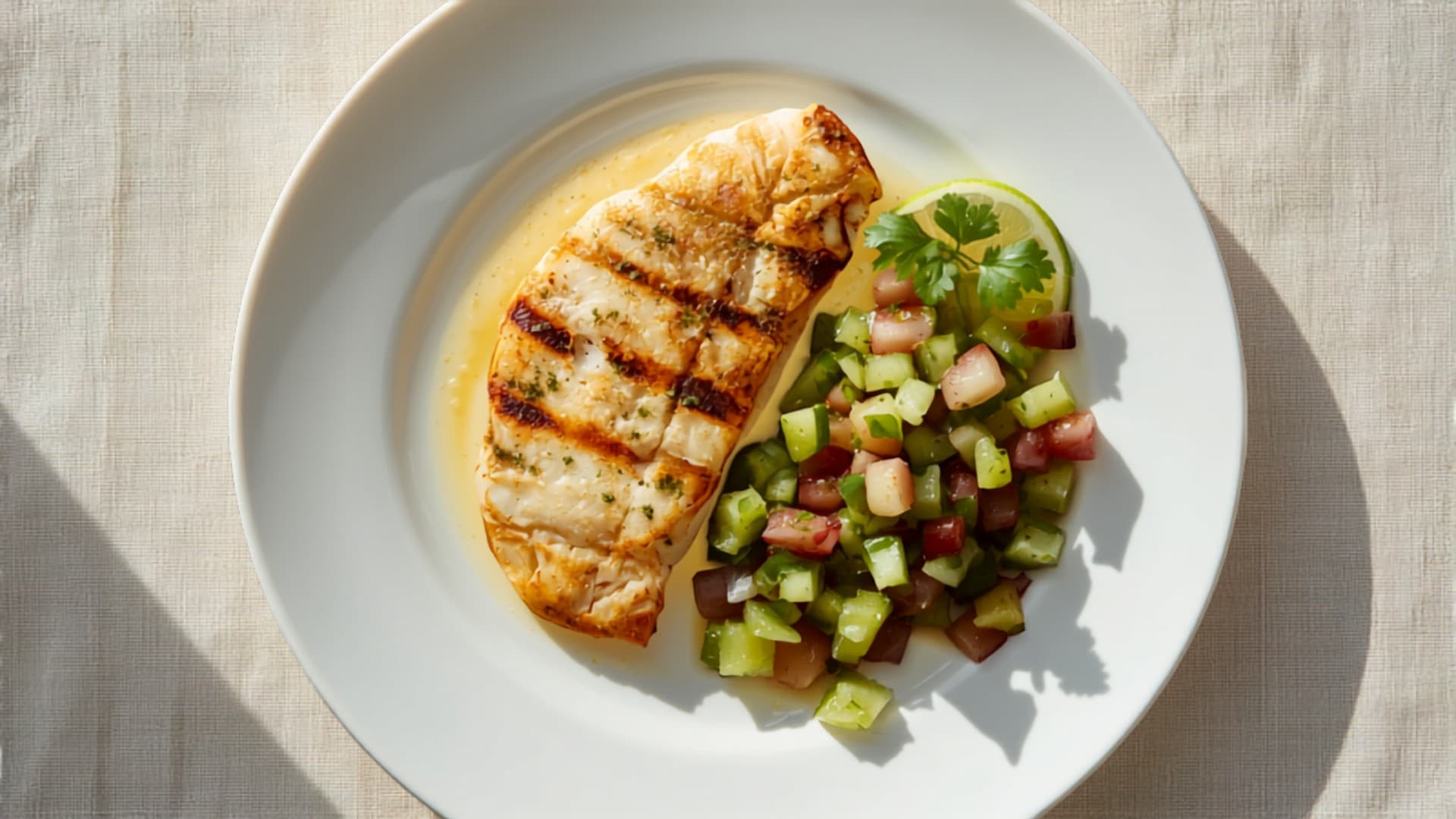 Coconut-Lime Grilled Snapper with Cucumber-Grape Salsa