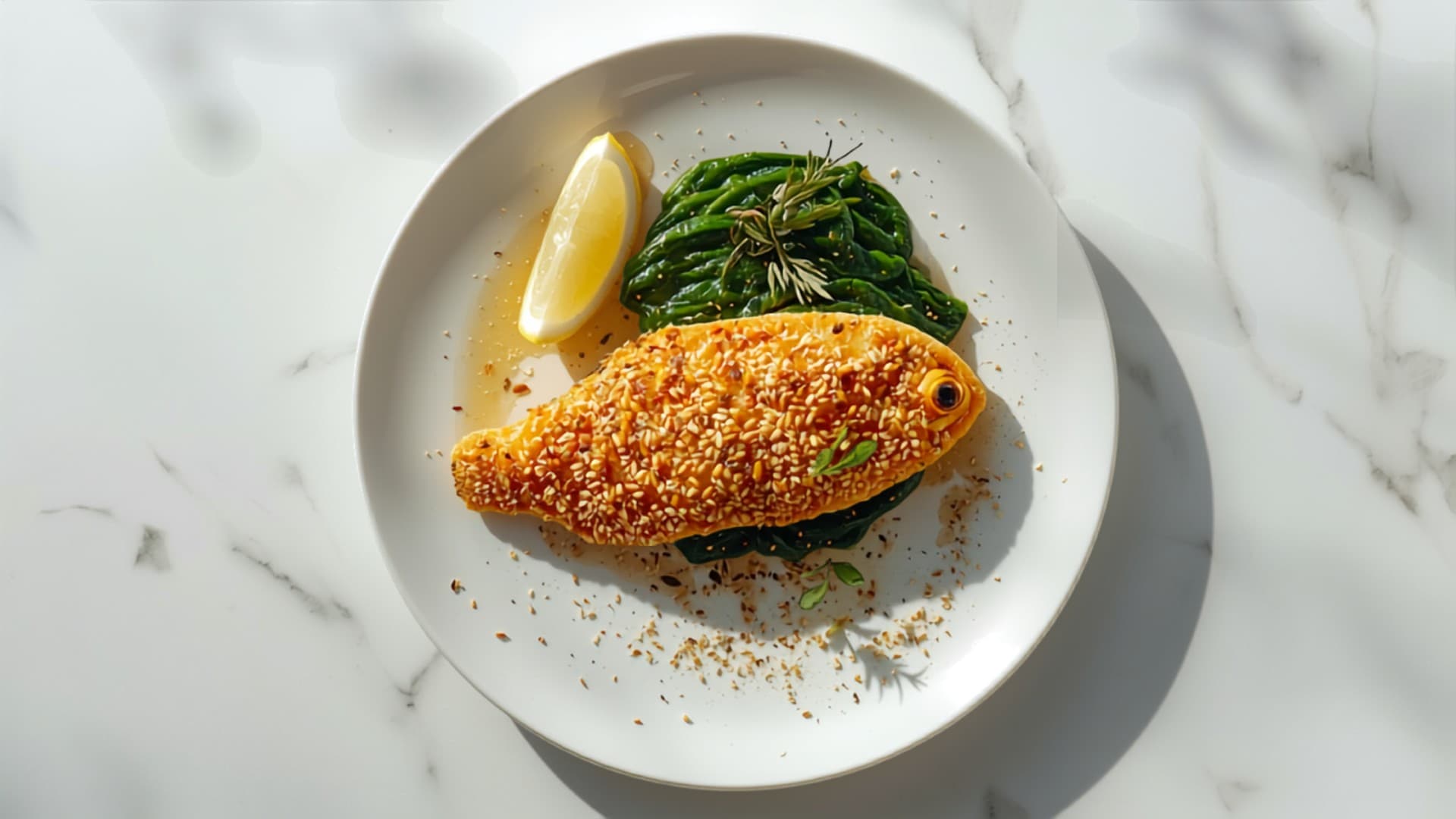 Baked Sesame-Crusted Croaker Fish with Steamed Callaloo
