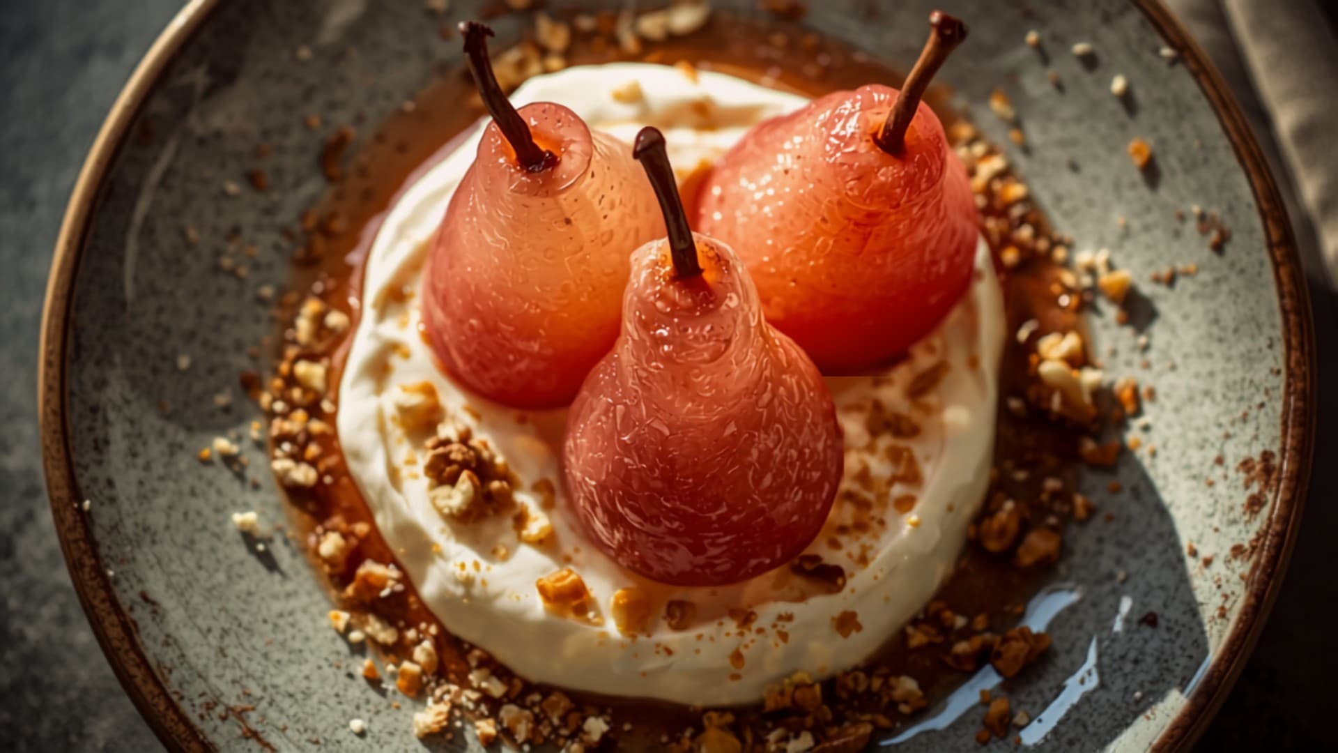 Hibiscus-Poached Pears with Toasted Walnuts and Greek Yogurt