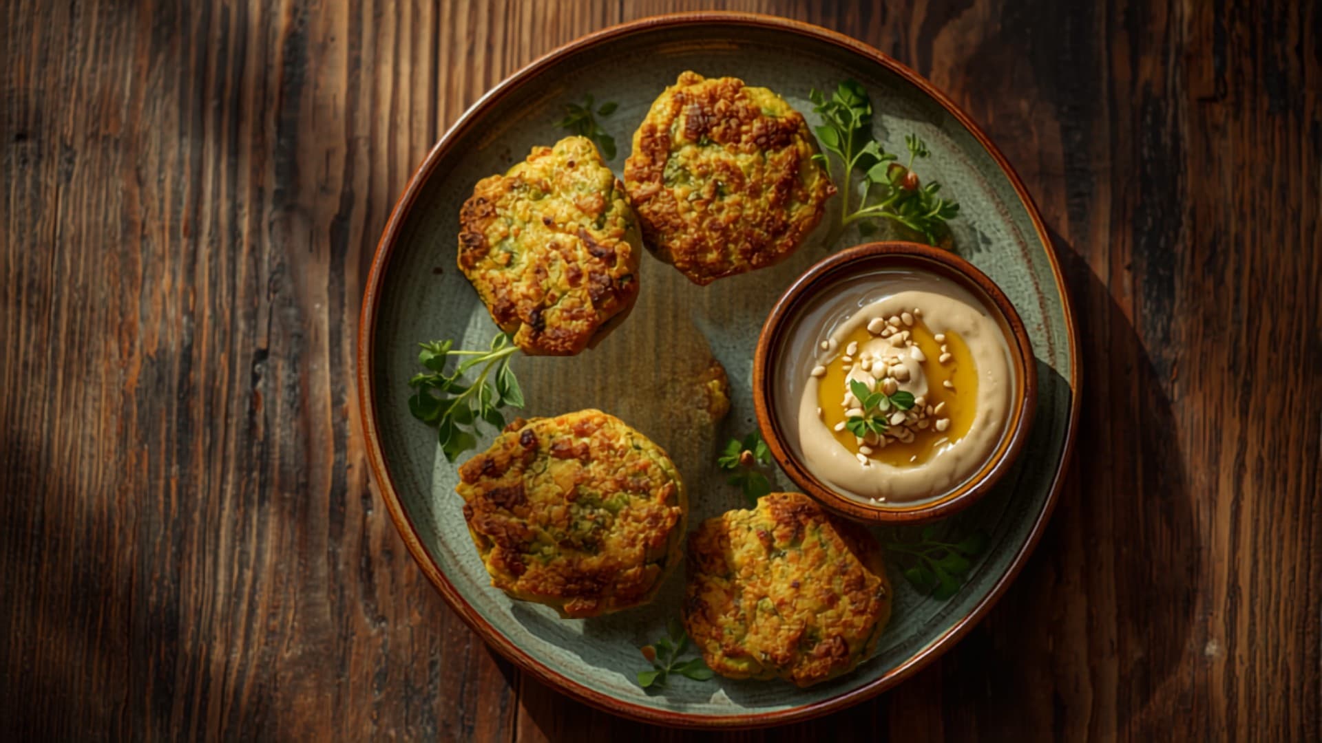 Moringa and Black-Eyed Pea Fritters with Tahini Dip