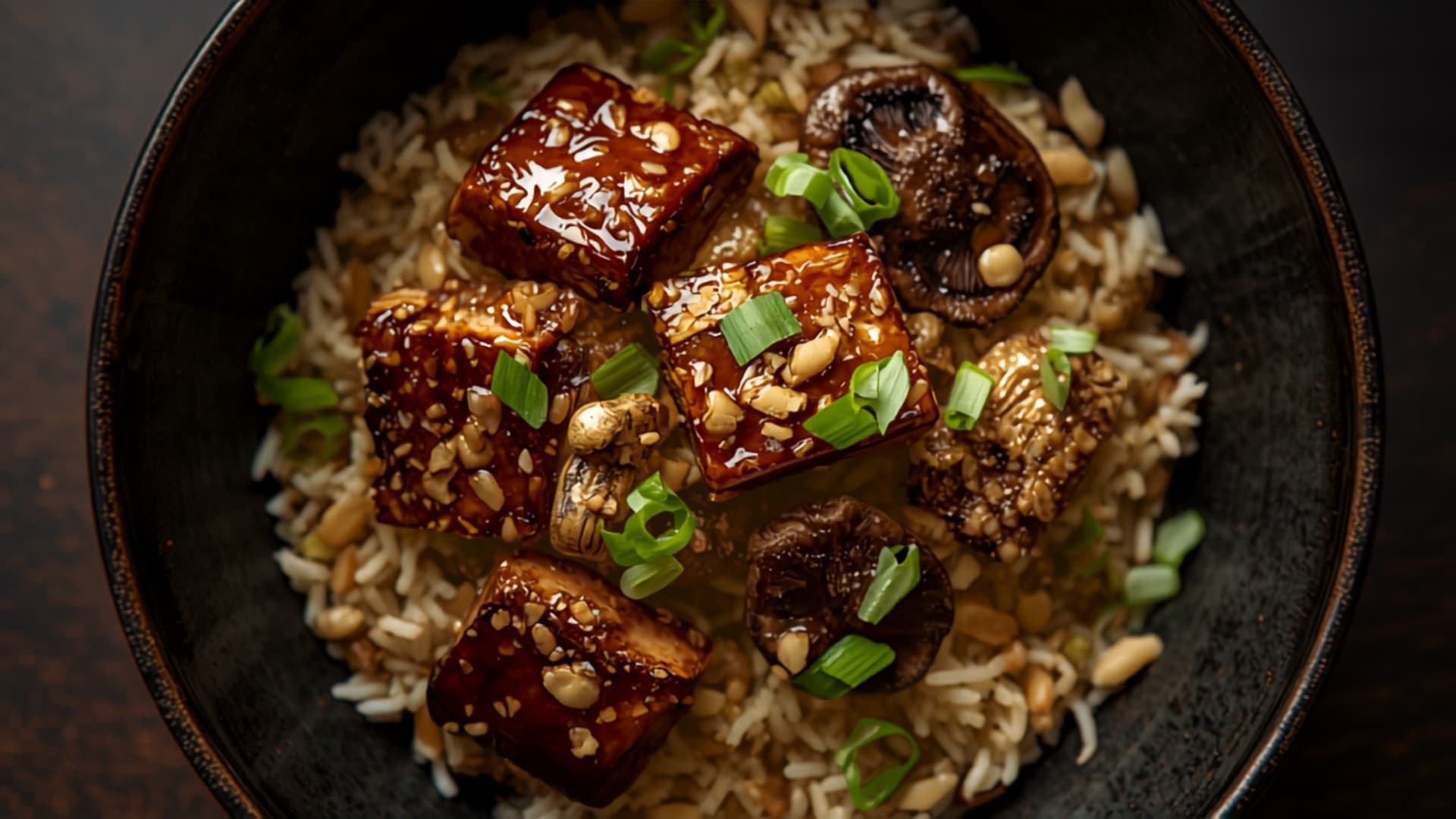 Braised Tempeh and Shiitake Rice Bowl with Ginger-Scallion Sauce