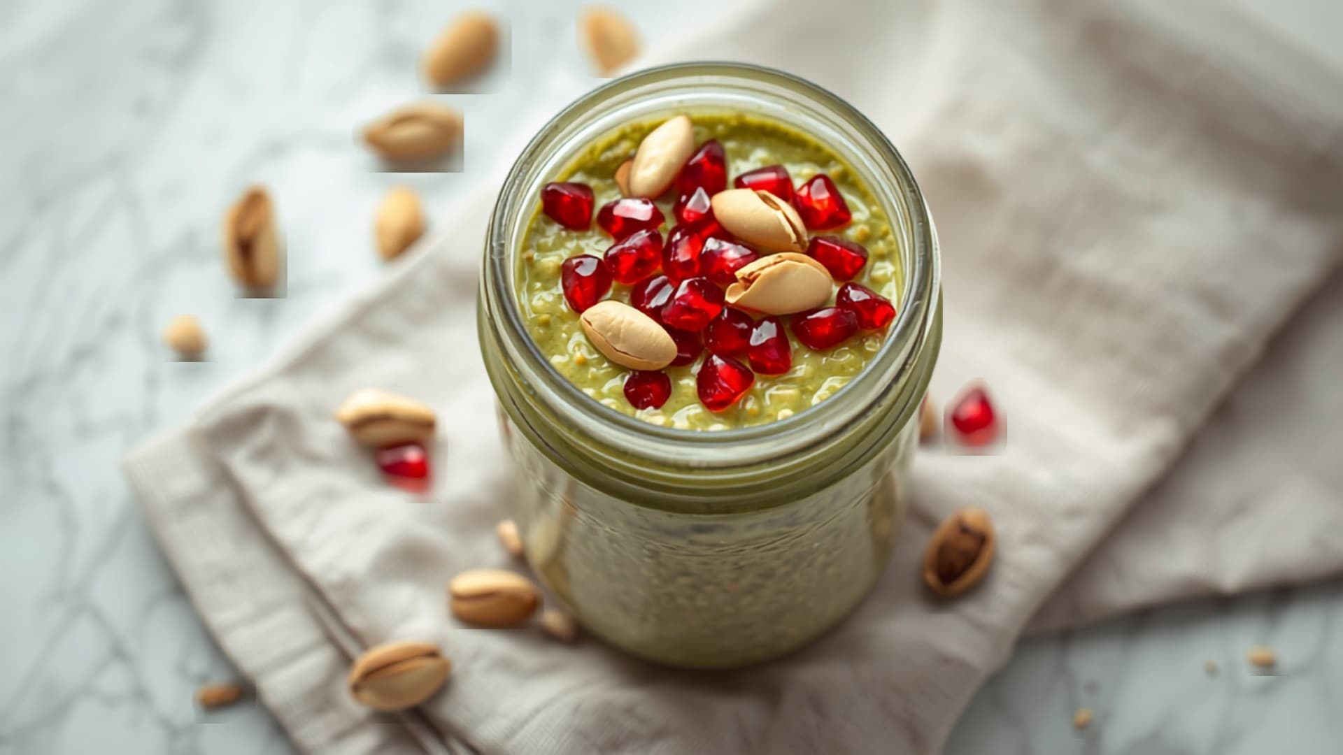 Matcha Overnight Oats with Pomegranate and Pistachios