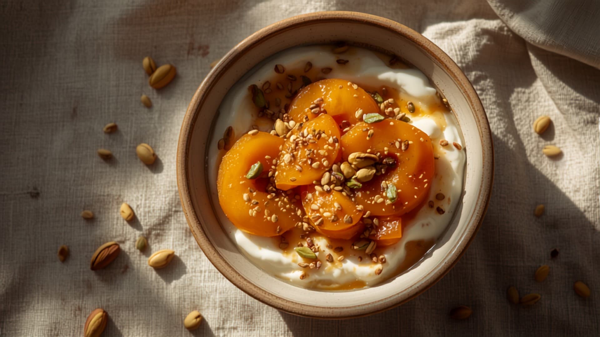 Greek Yogurt with Roasted Apricots, Flaxseed and Pistachios