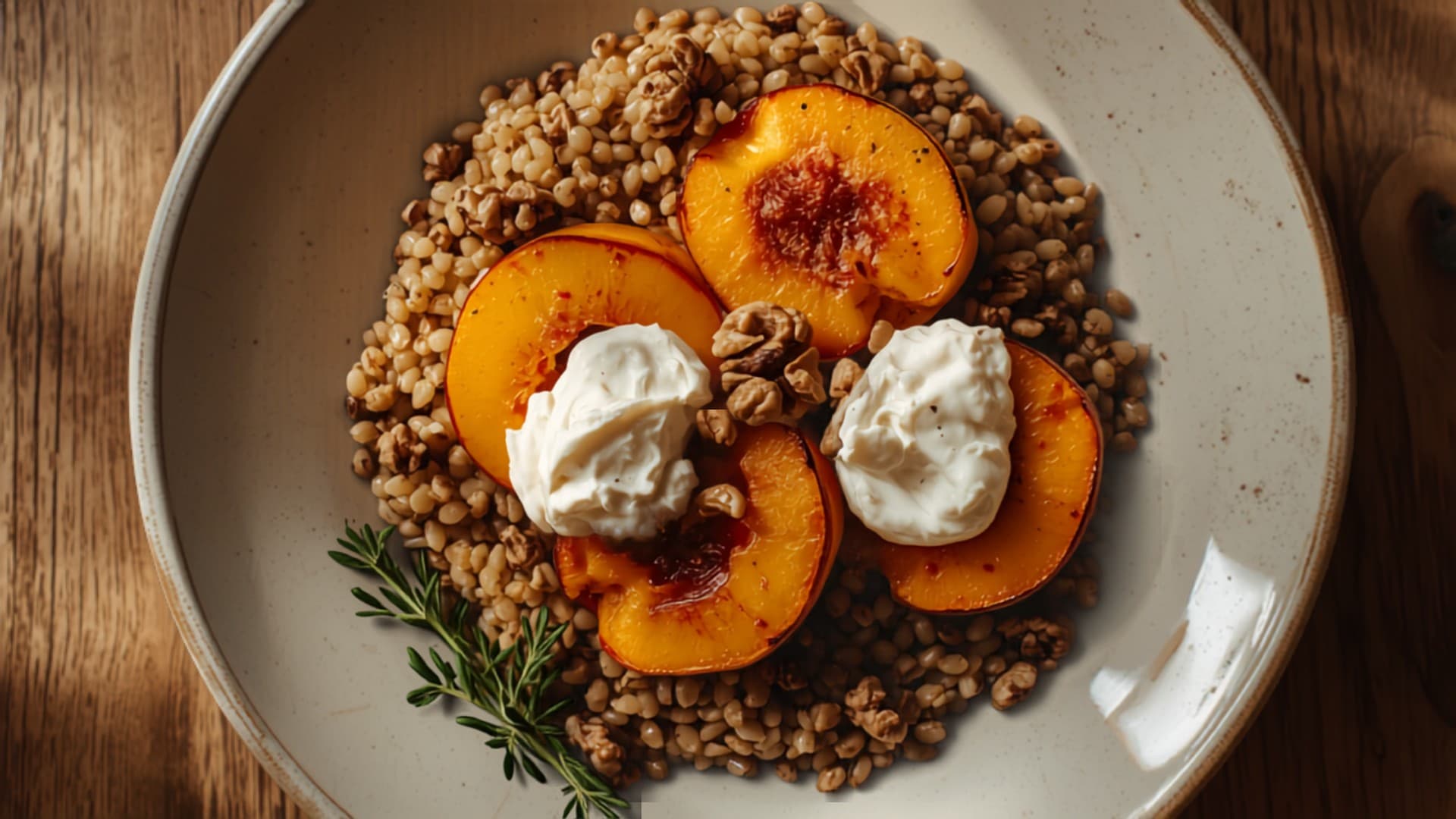 Whole-Grain Farro with Charred Peaches, Walnuts and Ricotta