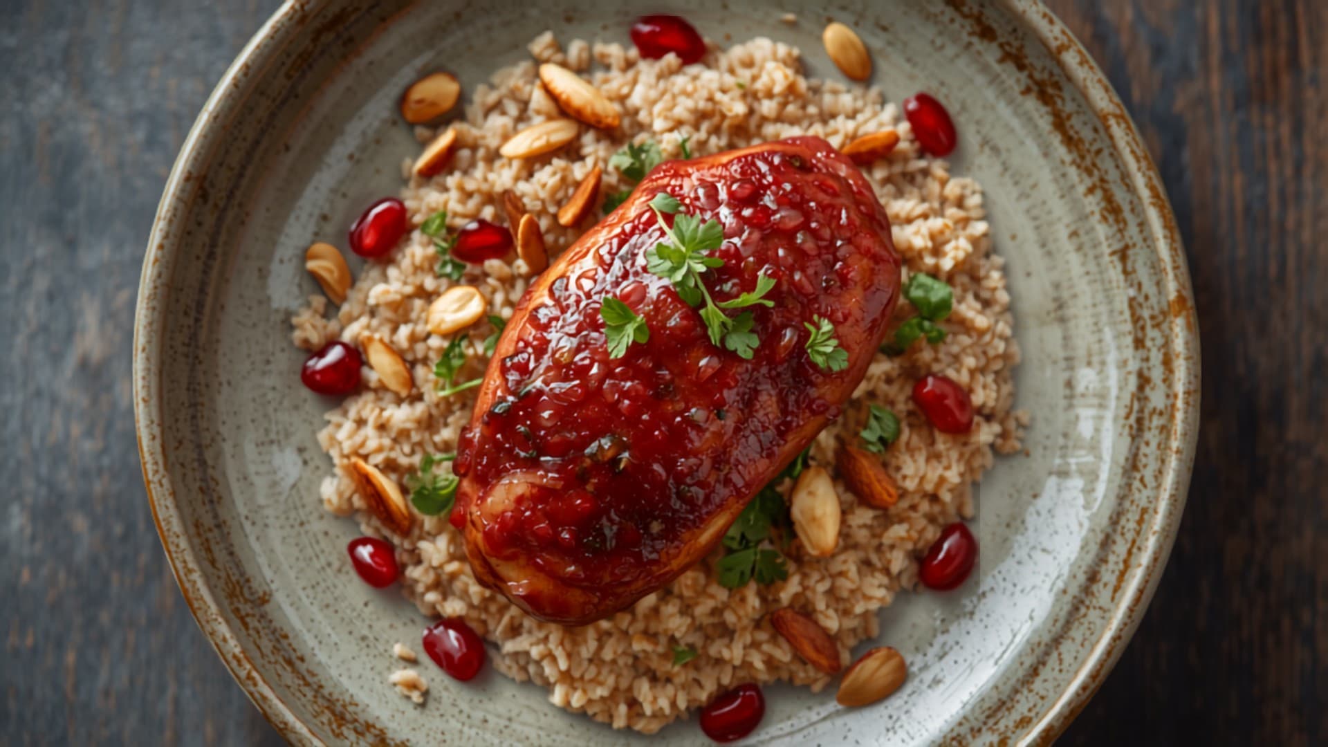 Pomegranate-Glazed Chicken with Freekeh and Almonds