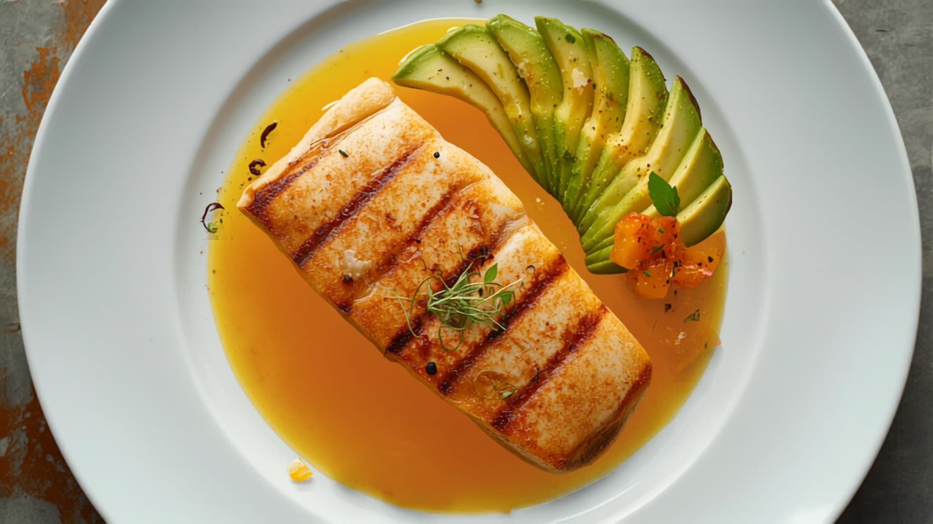 Grilled Swordfish with Papaya-Turmeric Salsa and Avocado