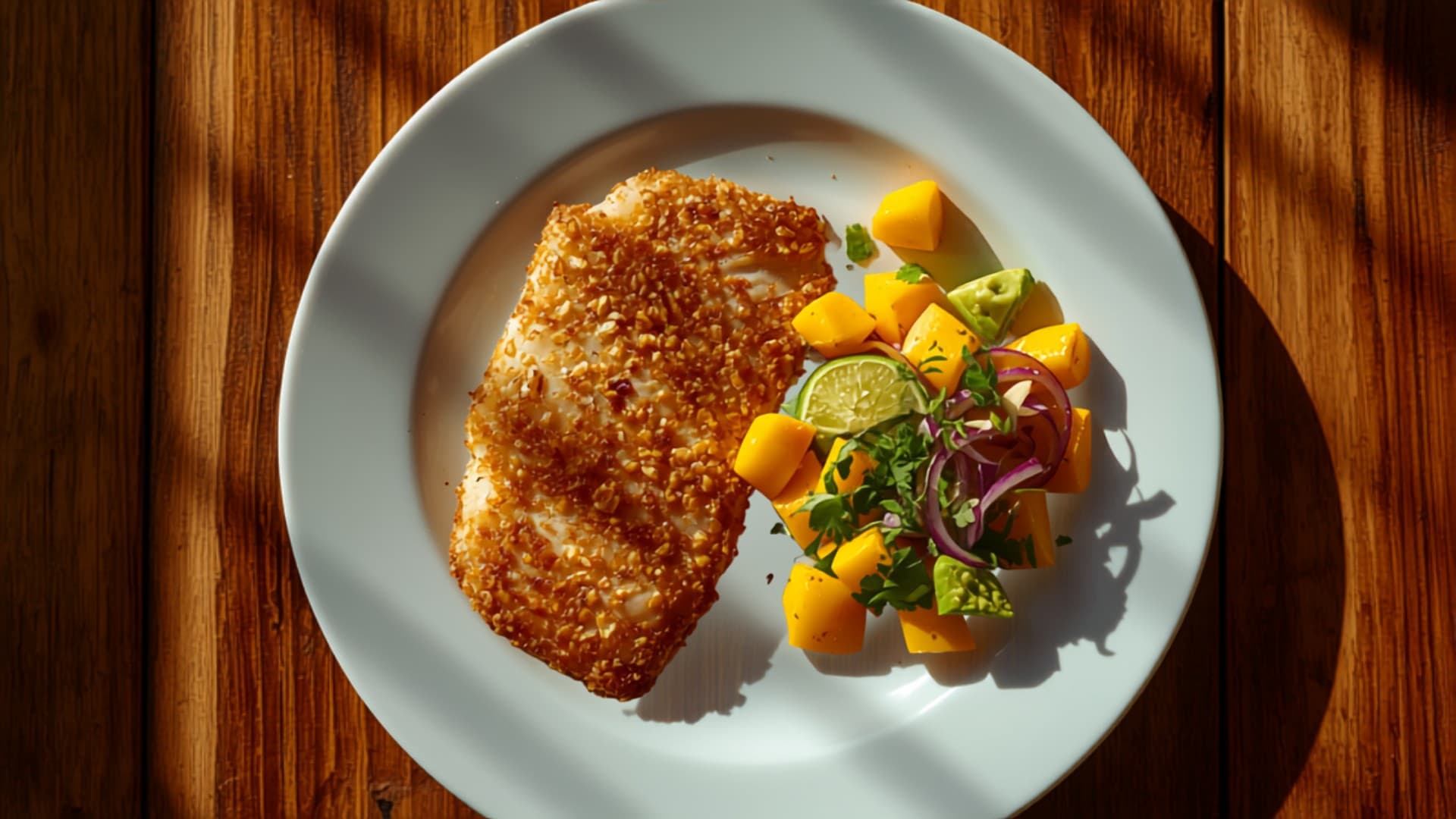 Oat-Crusted Baked Tilapia with Suya Spice and Mango-Avocado Slaw