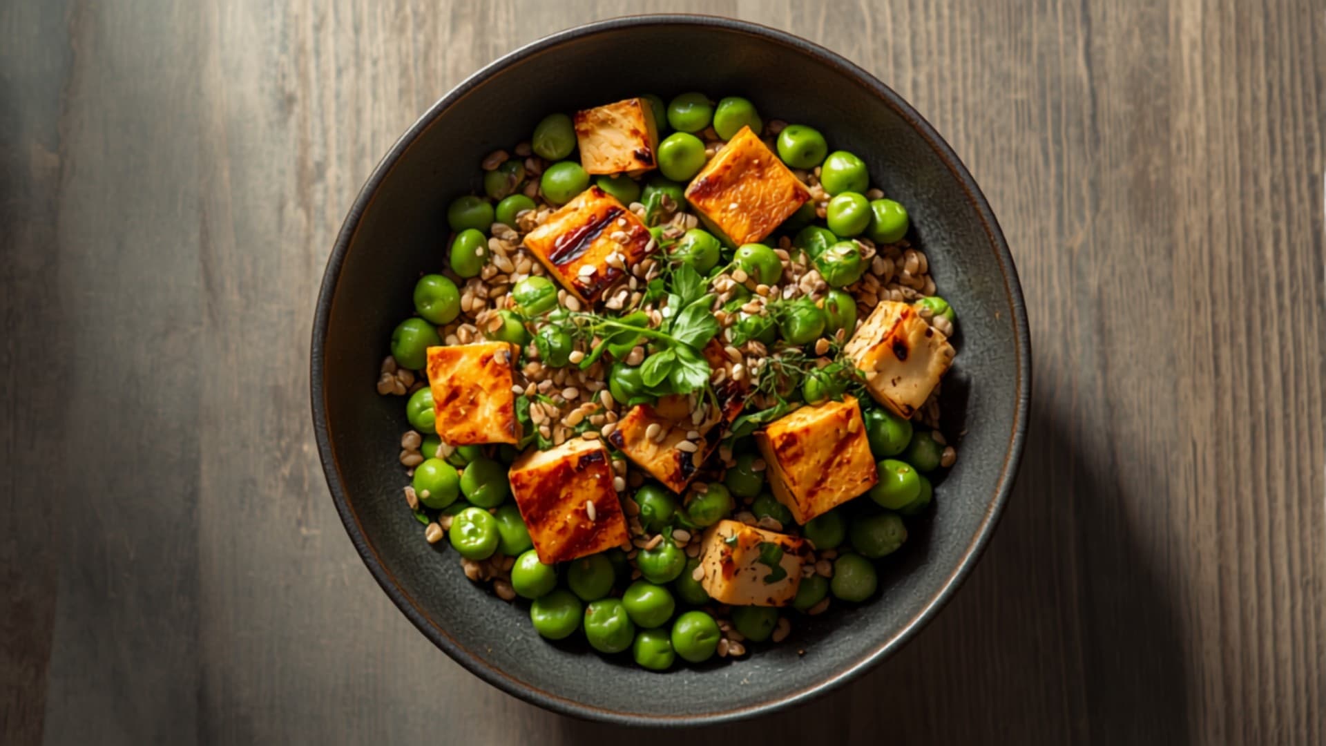 Sesame Barley and Edamame Bowl with Grilled Tofu