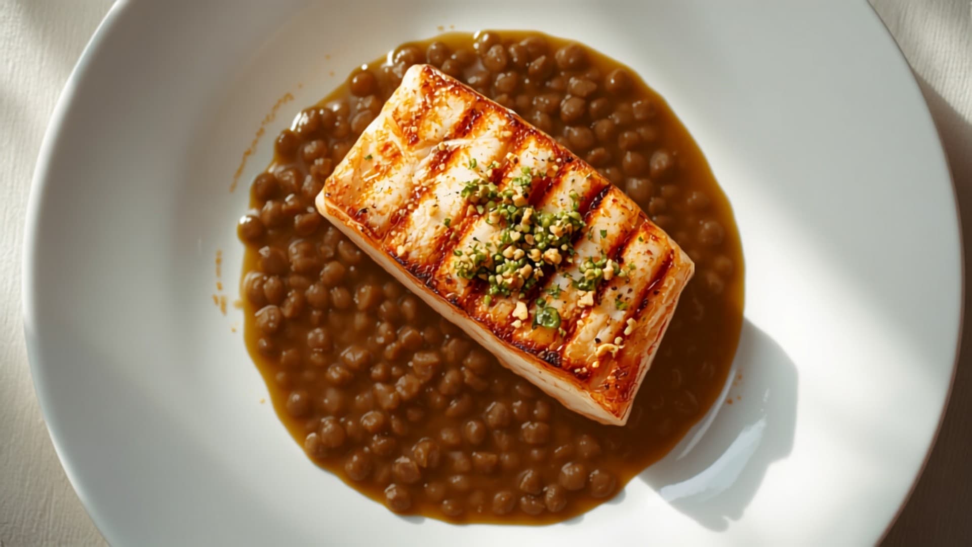 Grilled Trout with Walnut-Herb Gremolata and Braised Lentils