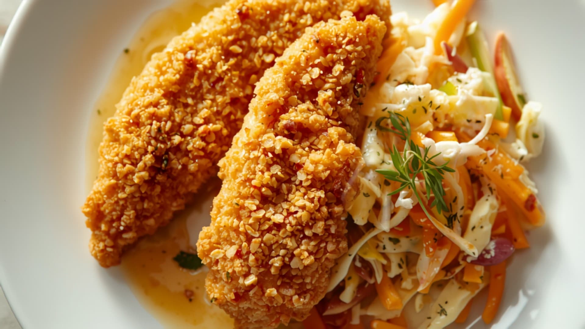 Oat-Crusted Baked Chicken Tenders with Apple Slaw