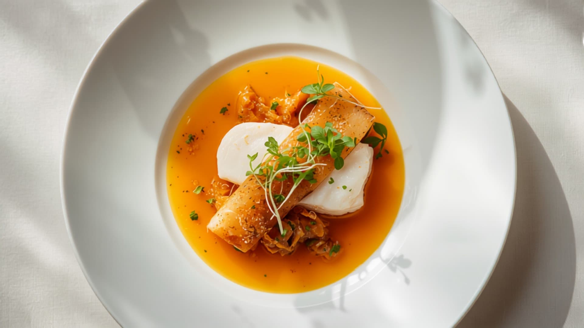 Steamed Yam with Carrot-Ginger Sauce and Poached Fish