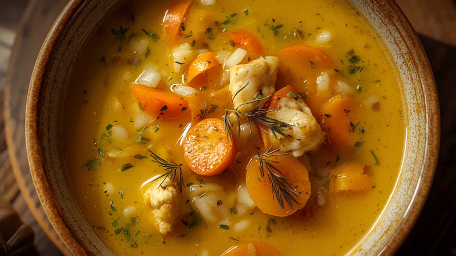 Chicken and Rice Soup with Carrots and Fresh Dill