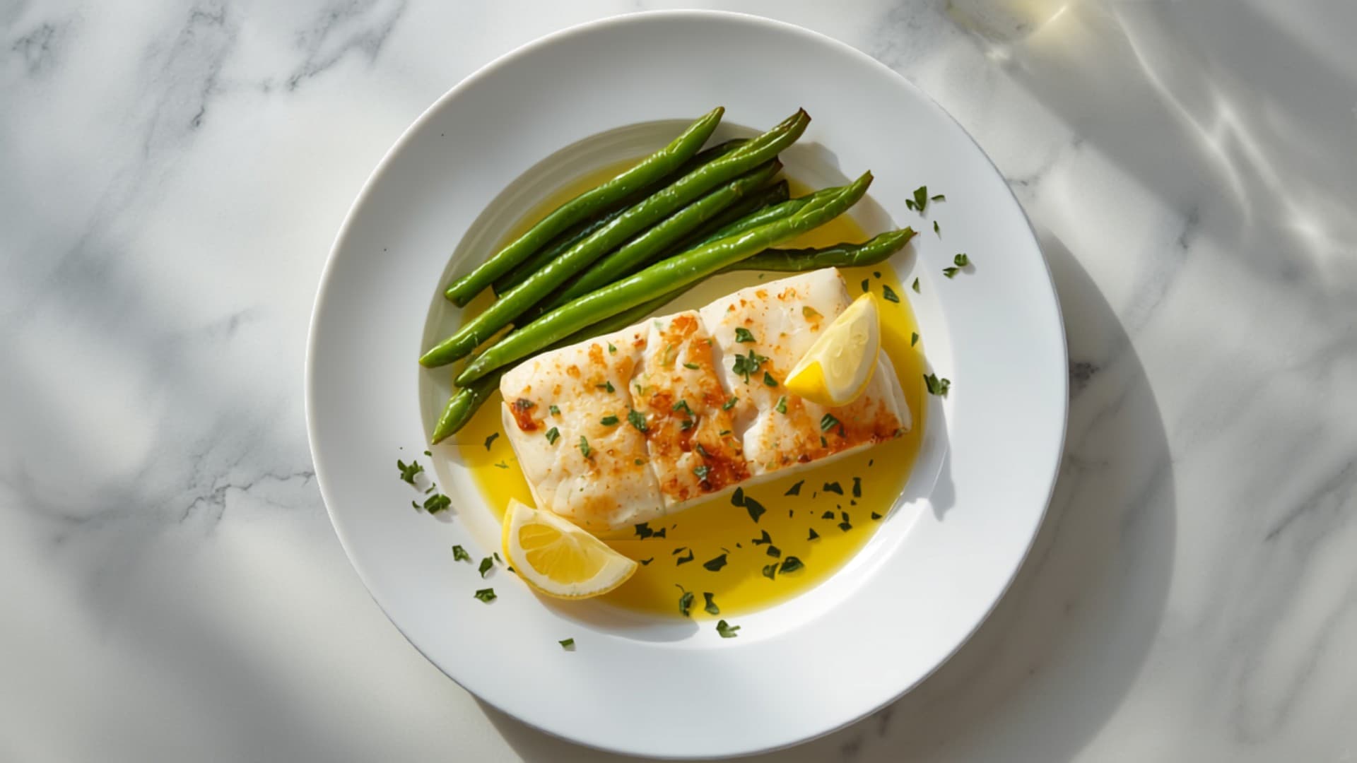 Baked Halibut with Olive Oil and Steamed Green Beans