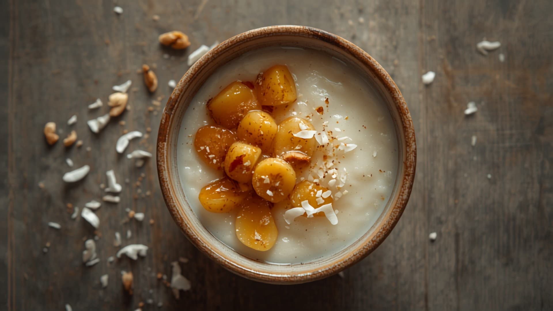 Baked Coconut Rice Pudding with Warm Banana Compote
