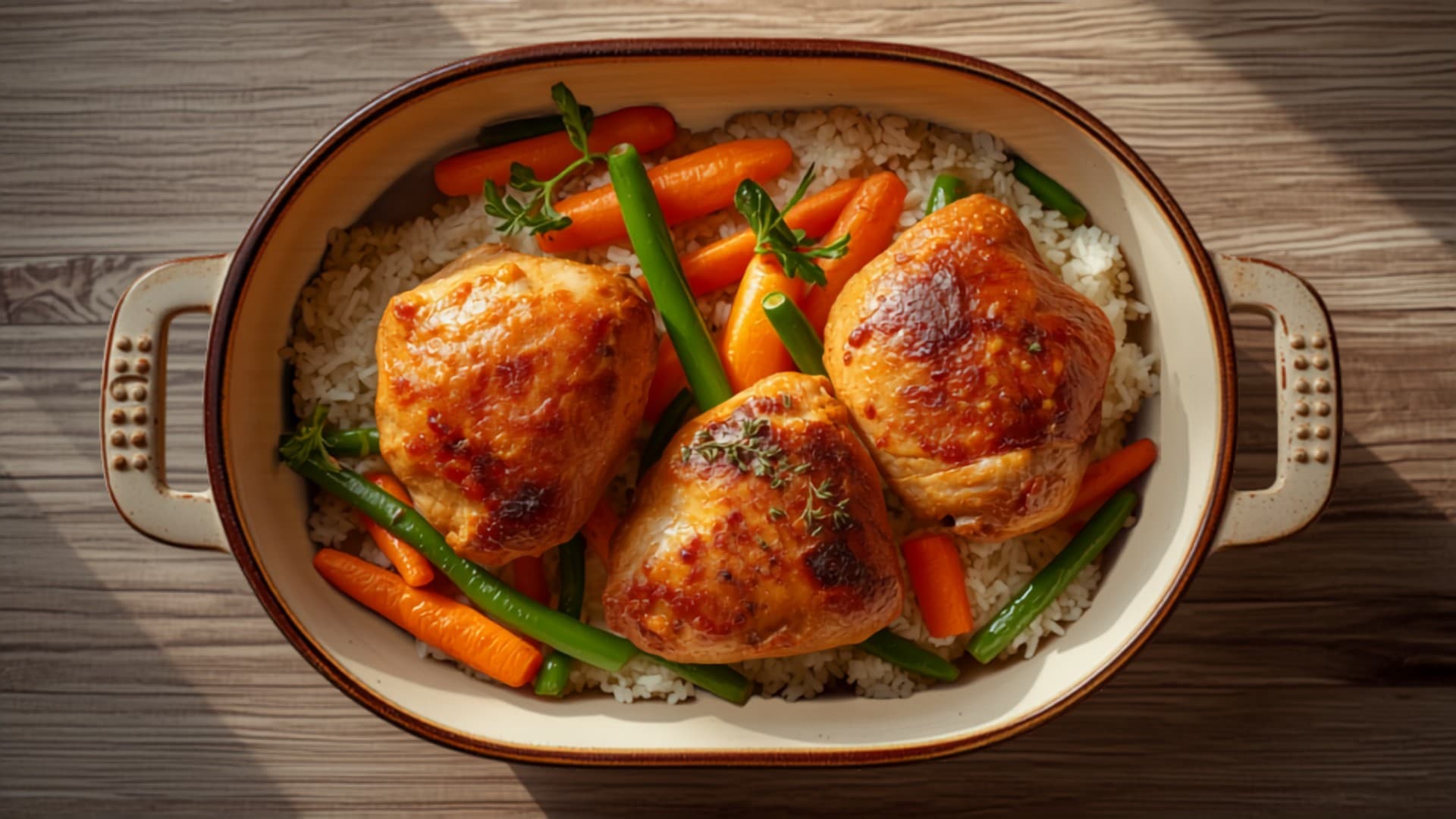 Baked Chicken and Rice Casserole with Carrots and Green Beans