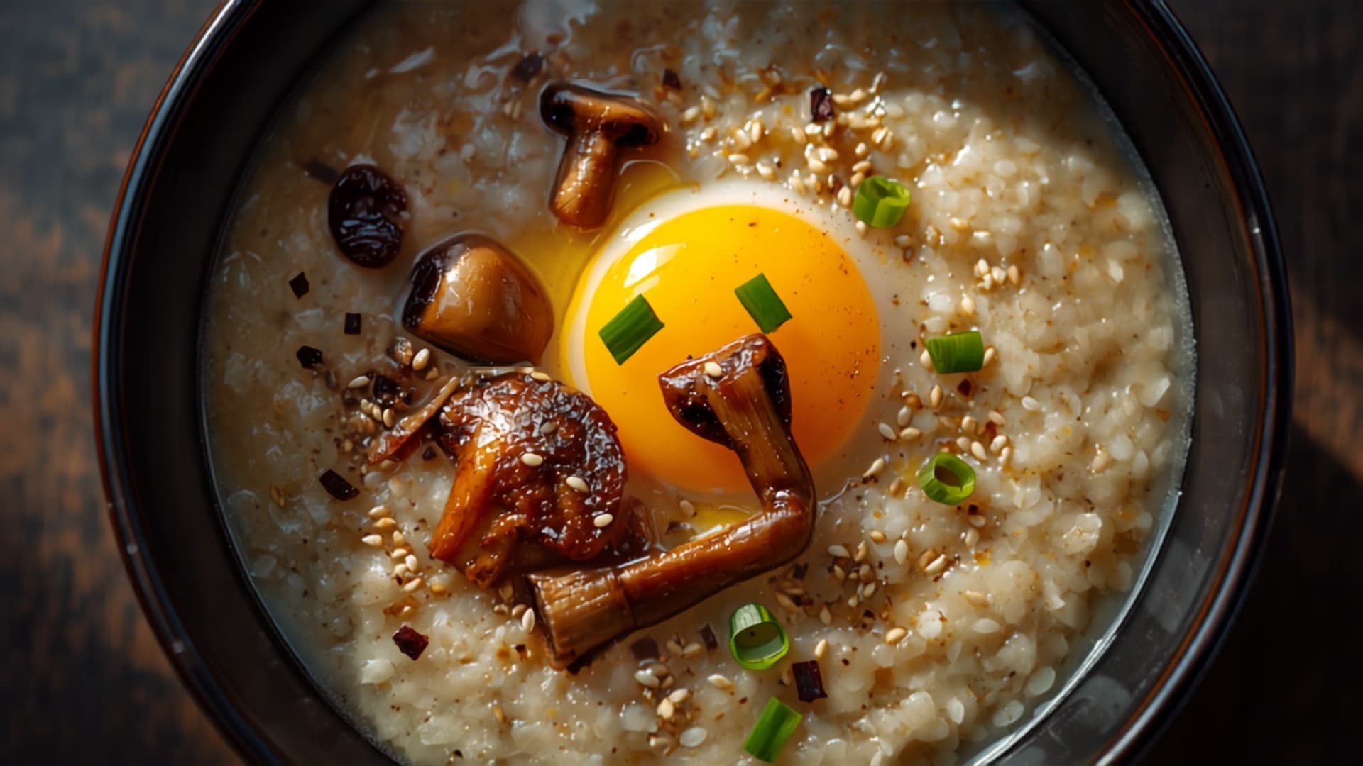 Savory Oat Congee with Shiitake Mushrooms and Soft-Boiled Egg