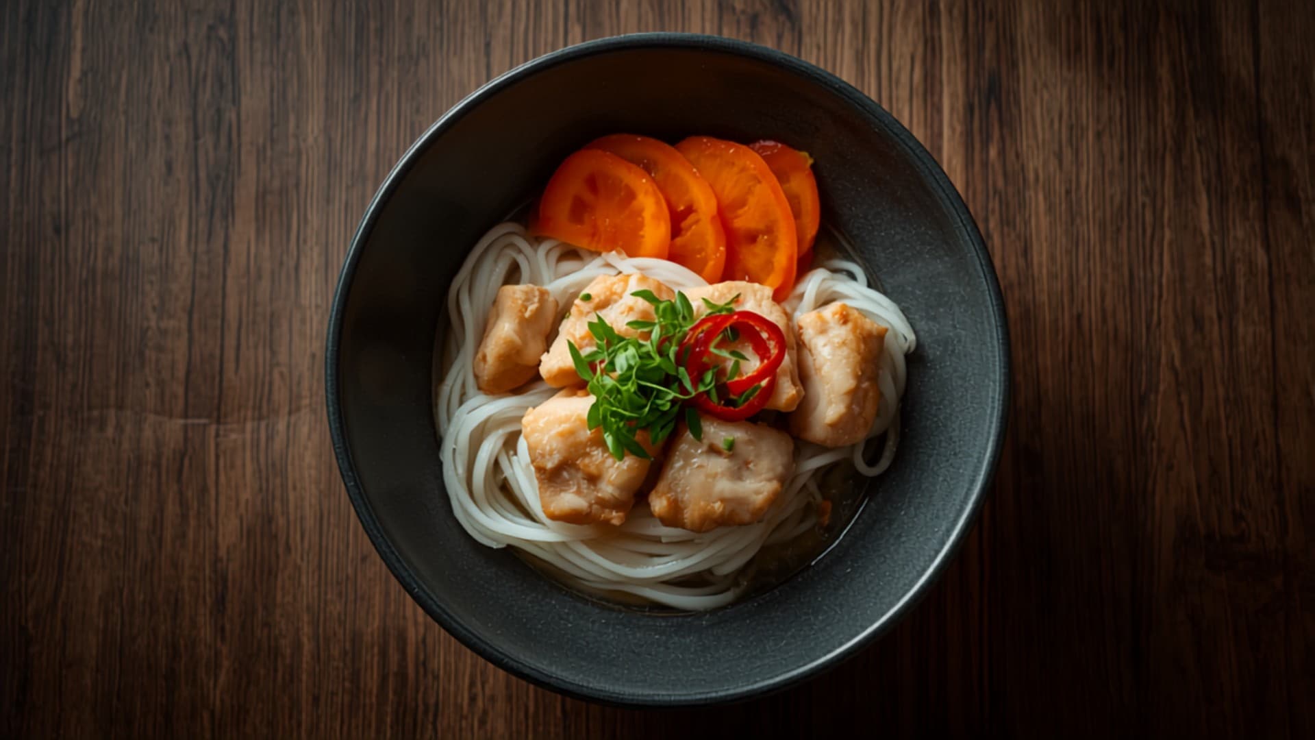 Warm Rice Noodle Bowl with Poached Chicken and Steamed Carrots